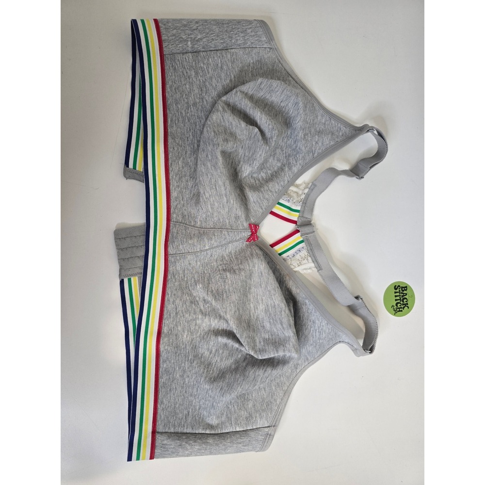 Cacique Bra Women 48DDD Gray Wire Free Racerback Rainbow Stripe Lace Trim Sporty